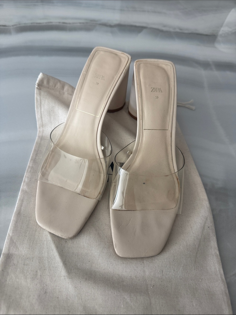 Zara Cream Clear-Strap Square Toe Block Heels